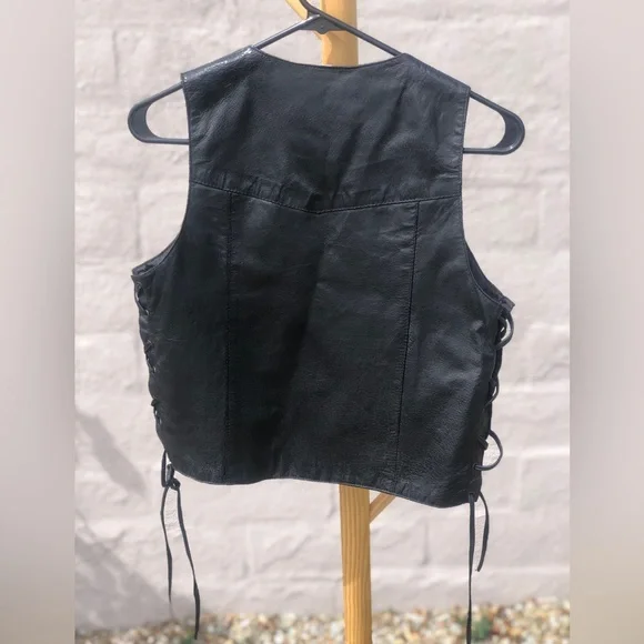Vintage 90s grunge punk biker black leather side lace up leather vest - Picture 9 of 11